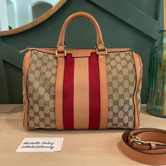 Gucci Handbags - Gucci Boston GG Supreme Canvas Tan Red Crossbody